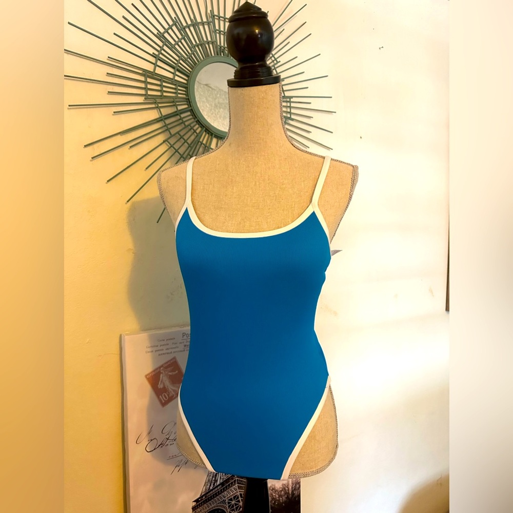 NWT Shade & Shore S one piece swimsuit in blue trimmed in white.